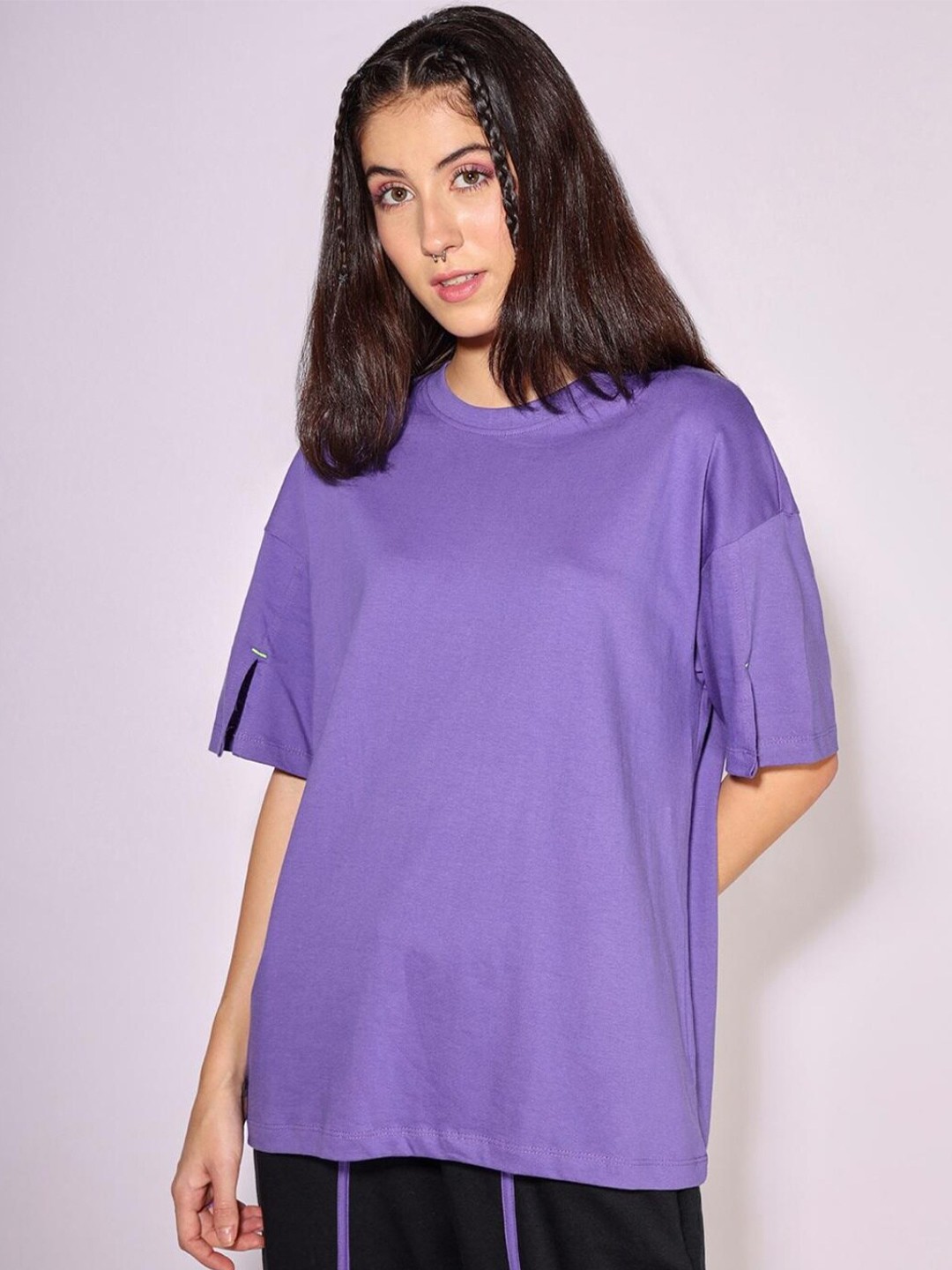 

Bewakoof Women Very Peri Sleeve Slit Oversized Cotton T-shirt, Purple