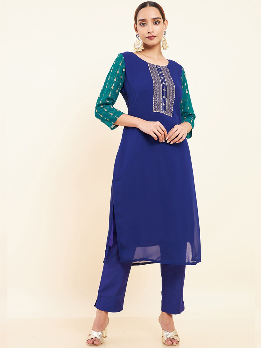 

Maybell Ethnic Motifs Printed Georgette Kurta, Blue
