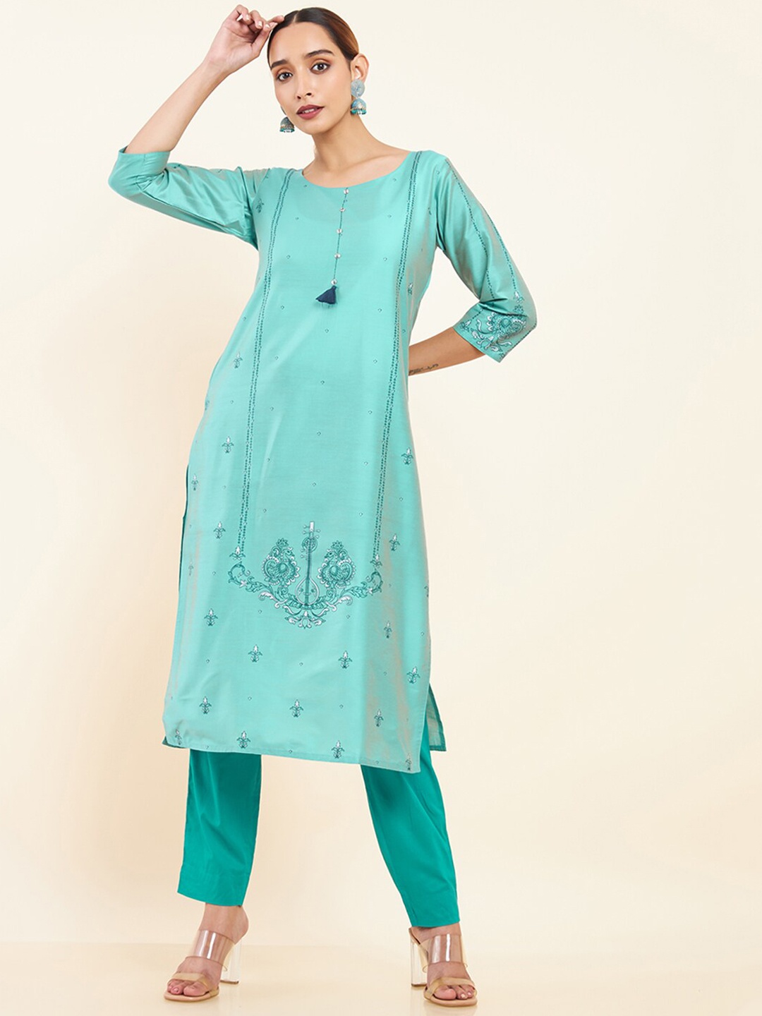 

Maybell Women Ethnic Motifs Printed Kurta, Turquoise blue
