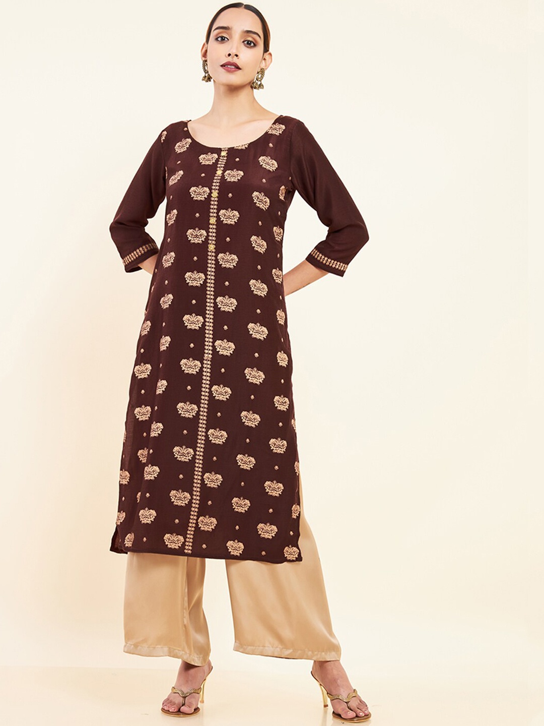 

Maybell Ethnic Motifs Printed Anarkali Kurta, Brown