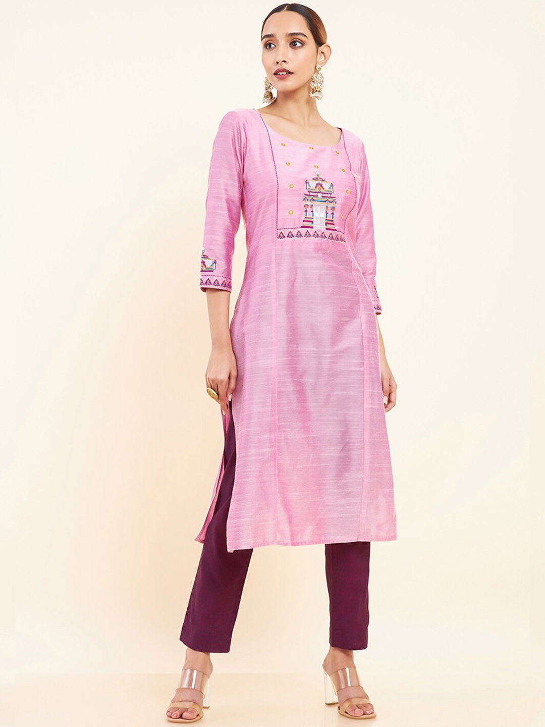 

Maybell Women Ethnic Motifs Yoke Design Thread Work Silk Kurta, Purple