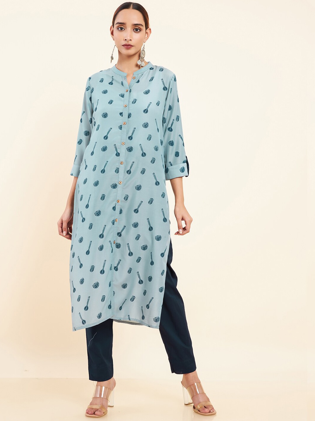

Maybell Women Ethnic Motifs Printed Cotton Silk Kurta, Blue