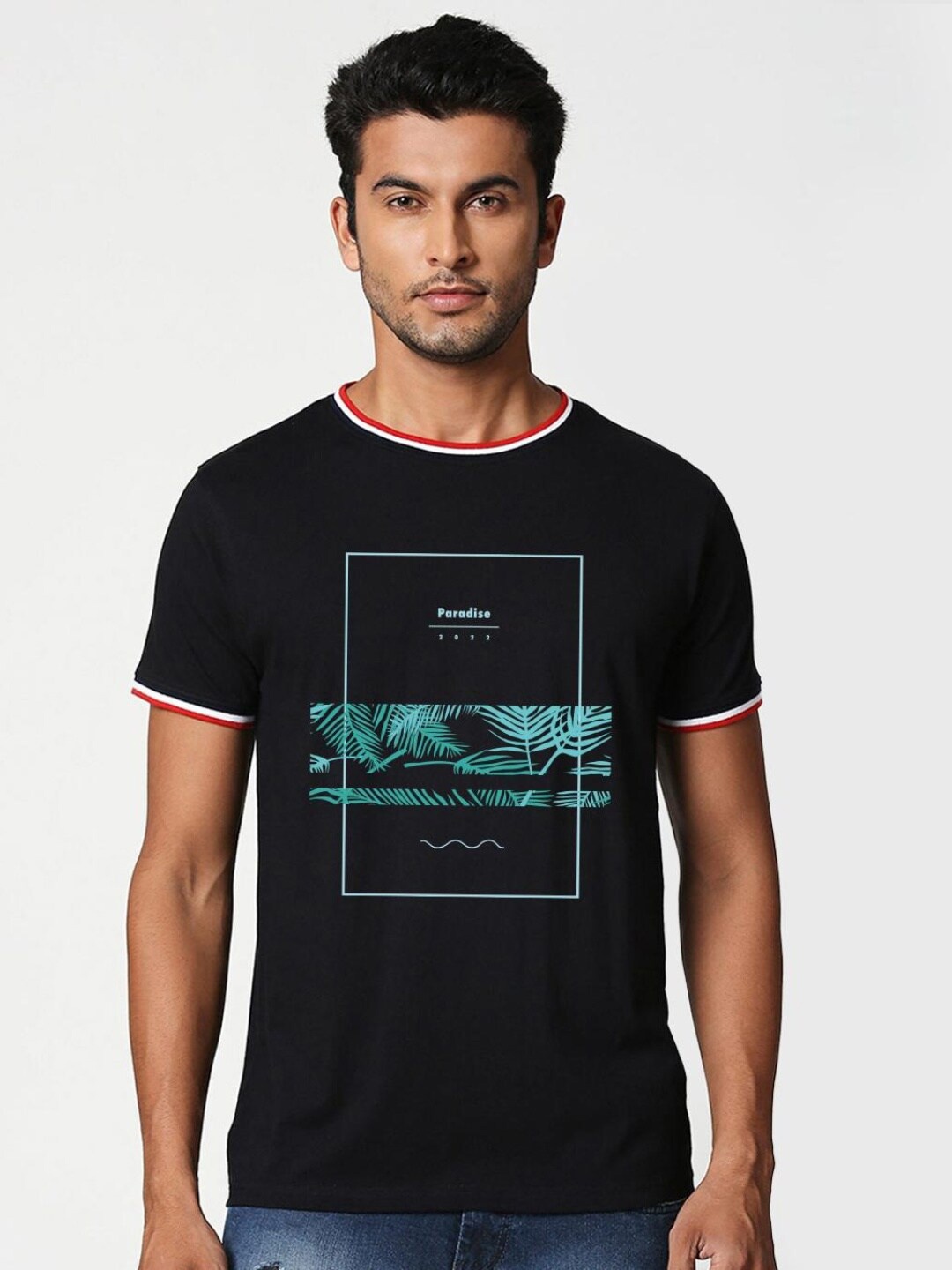 

Bewakoof Men Floral Printed Cotton T-shirt, Black