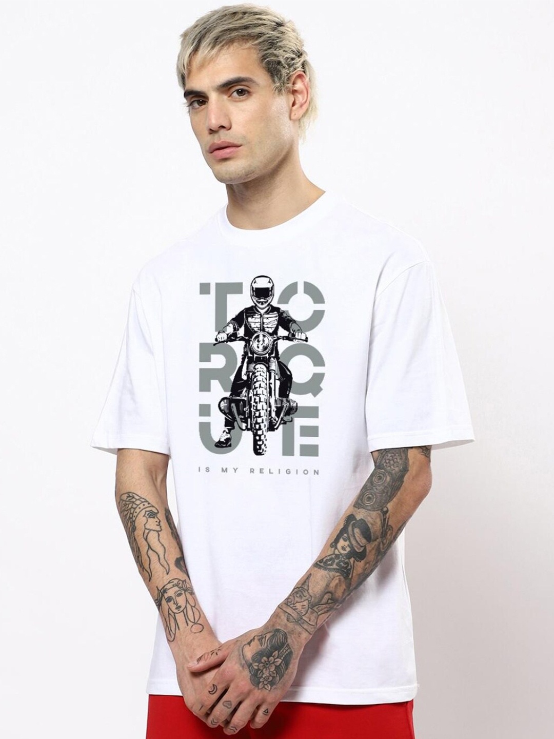 Bewakoof Men Printed Round Neck Oversize Cotton T-shirt, White