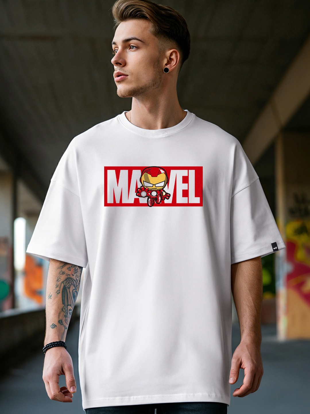 

Bewakoof Men Marvel Ironman Typography Oversized Cotton T-shirt, White