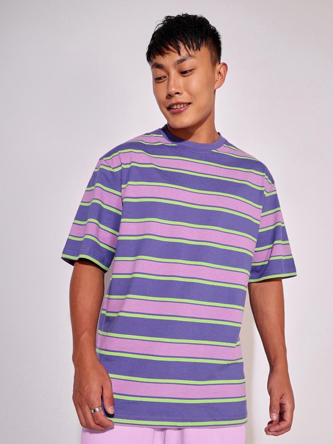 

Bewakoof Men Striped Loose Cotton T-shirt, Lavender