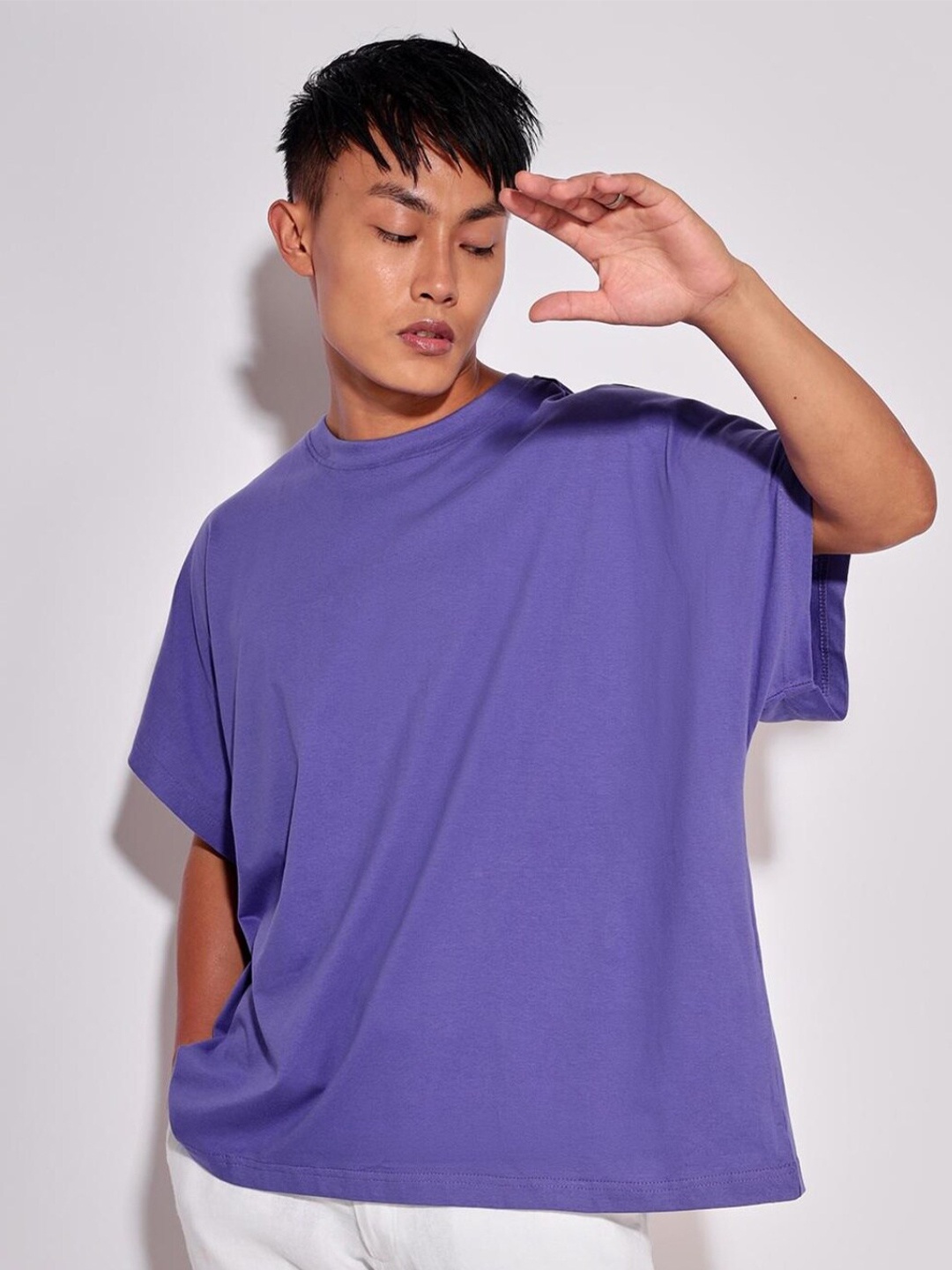 

Bewakoof Men High Neck Extended Sleeves Oversize Cotton T-shirt, Blue
