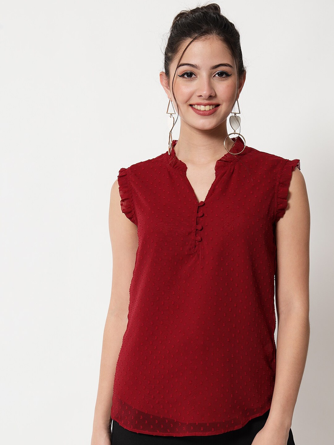 

CHARMGAL Mandarin Collar Sleeveless Regular Top, Maroon