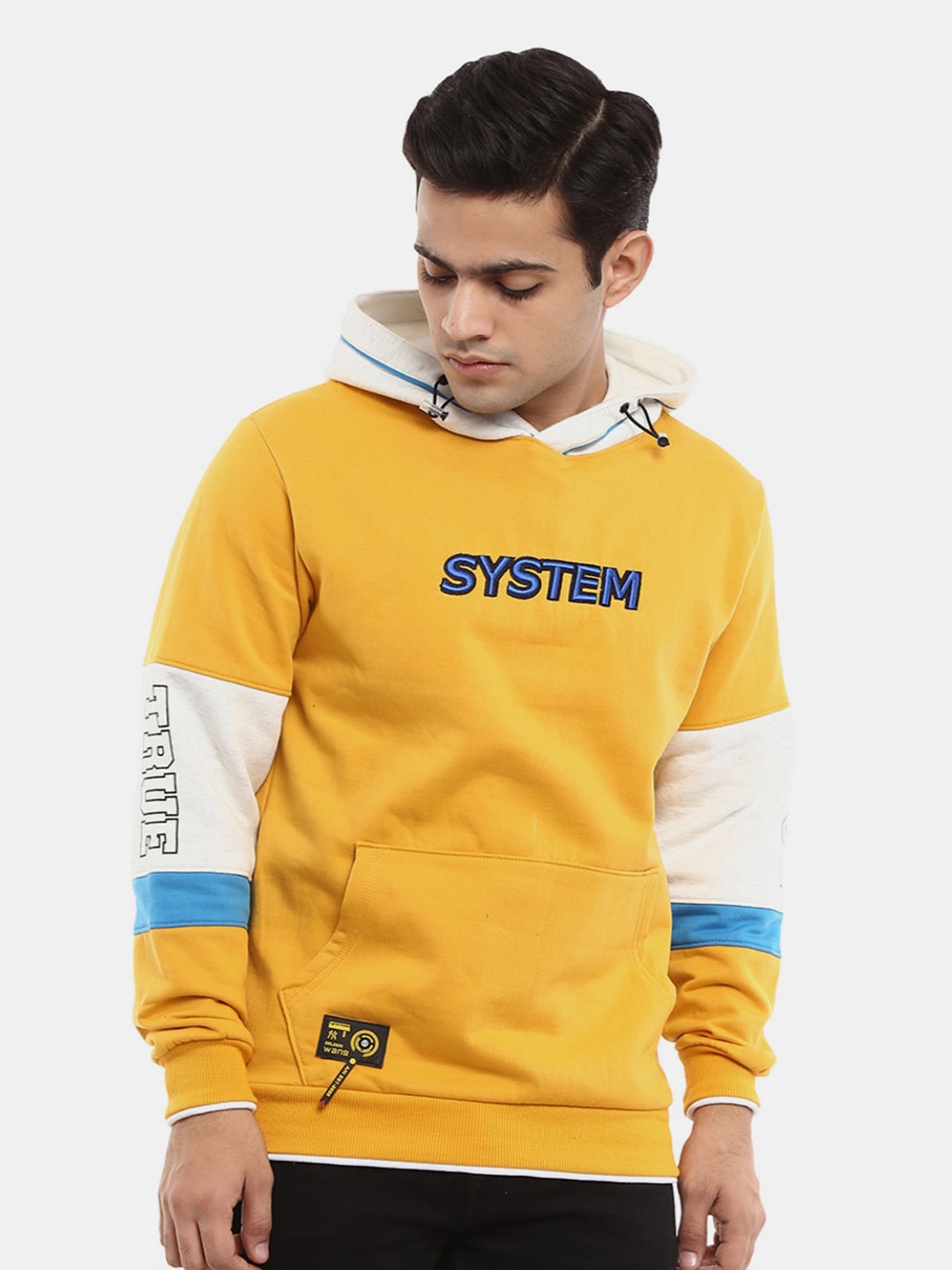 

V-Mart Men Printed Hooded Fleece Sweatshirt, Mustard