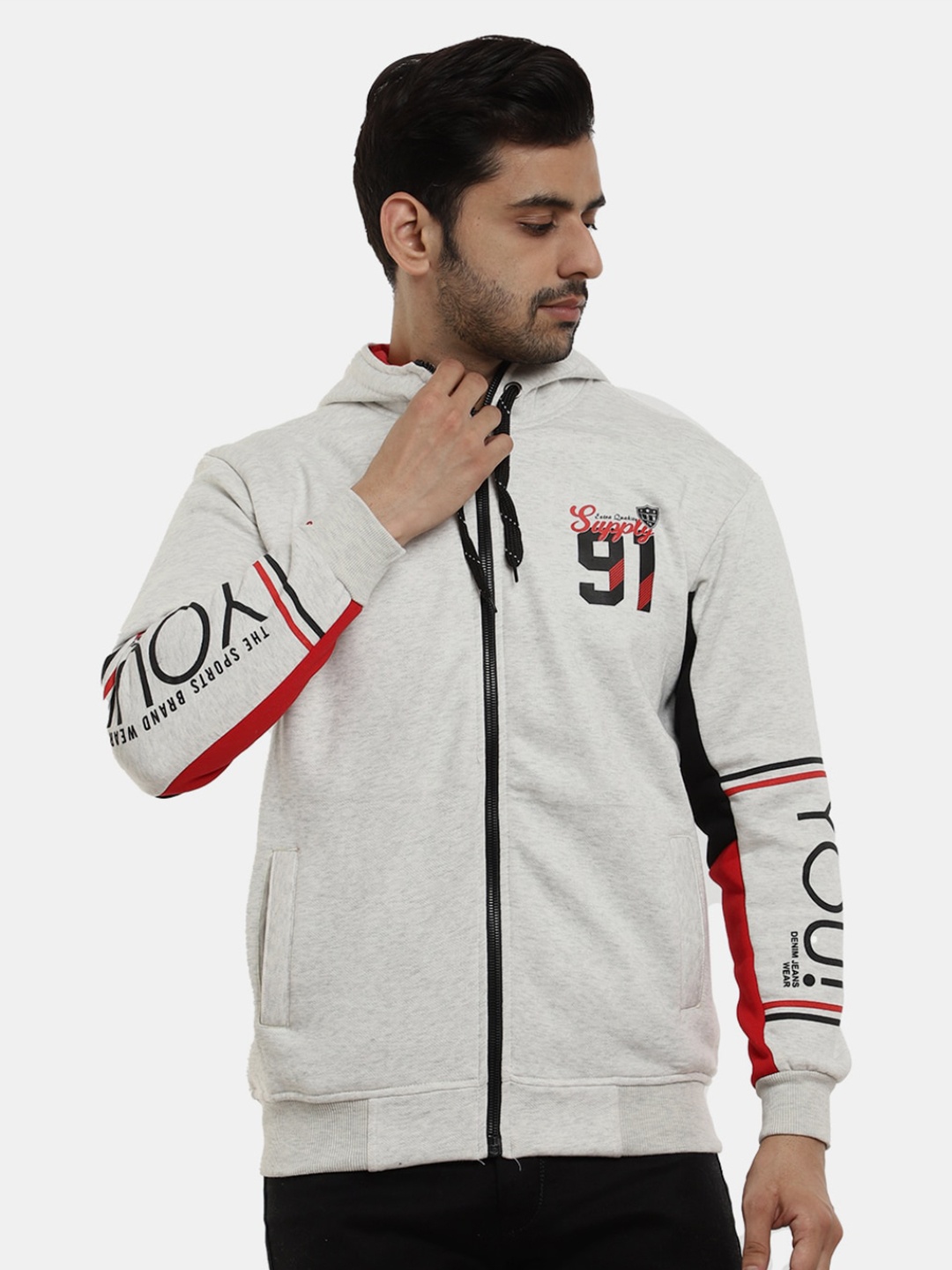 

V-Mart Men Printed Hooded Sweatshirt, Grey melange