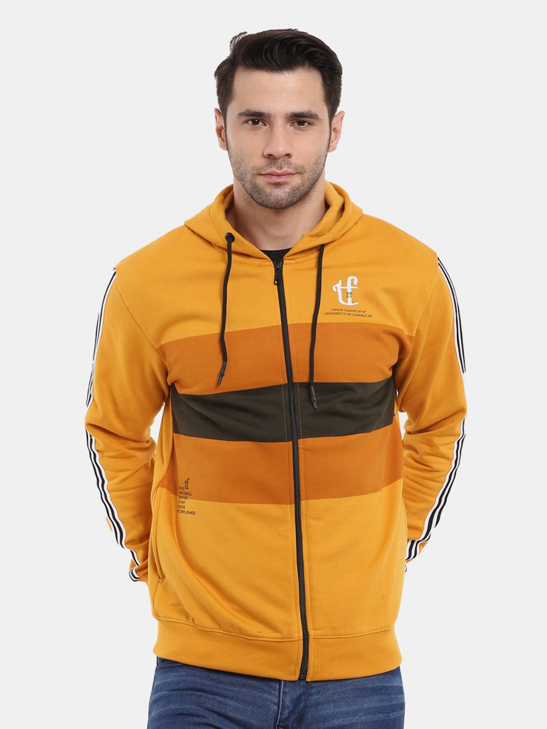

V-Mart Men Striped Hooded Fleece Sweatshirt, Mustard