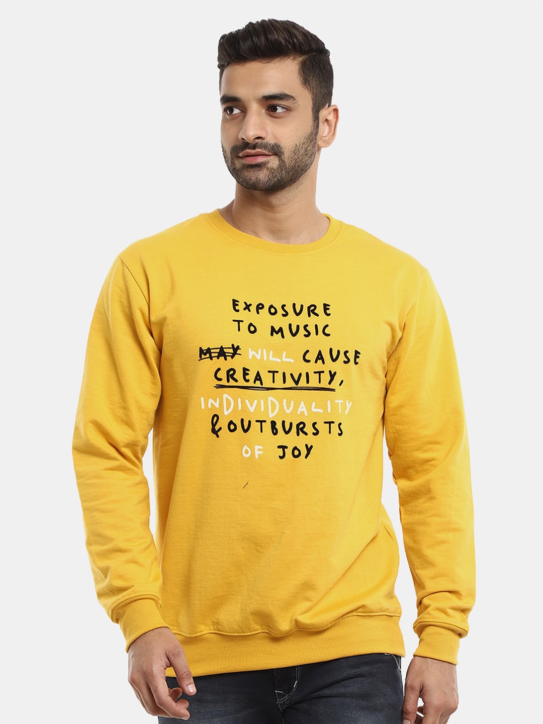 

V-Mart Men Printed Fleece Pullover Sweatshirt, Mustard