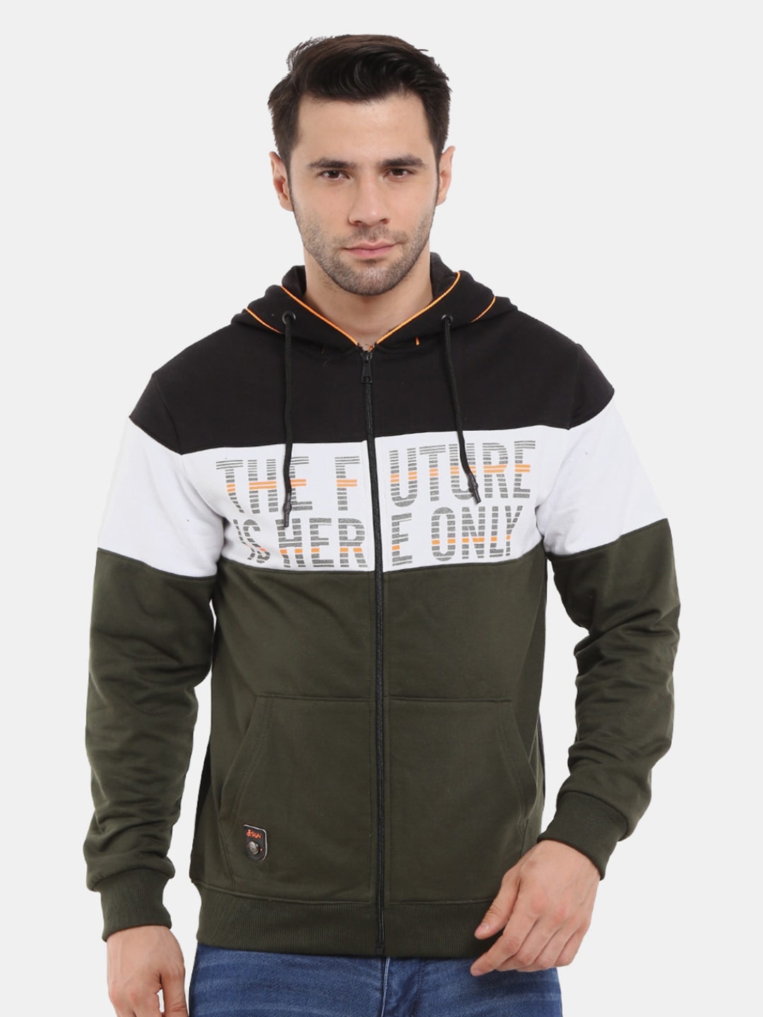 

V-Mart Men Olive Green Colourblocked Hooded Sweatshirt
