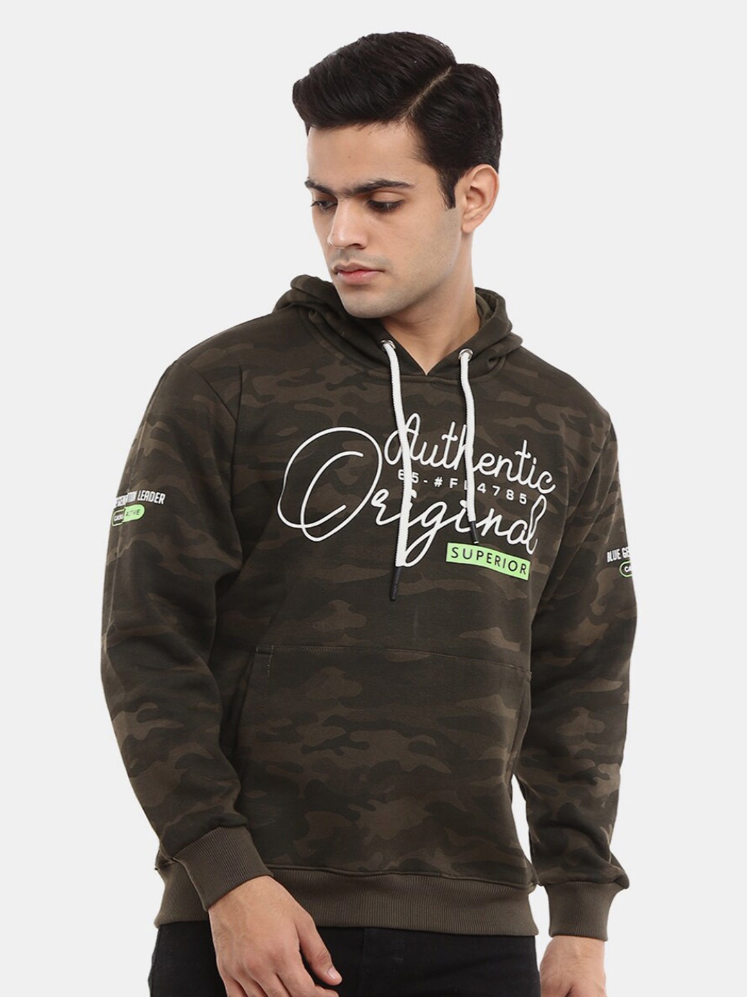 

V-Mart Men Typography Printed Hooded Fleece Pullover Sweatshirt, Olive