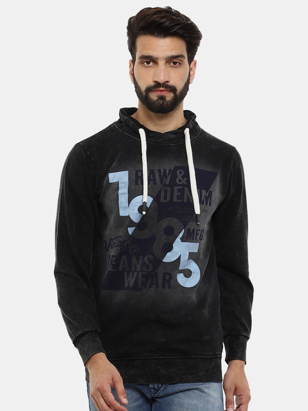 

V-Mart Men Printed Hooded Fleece Sweatshirt, Black