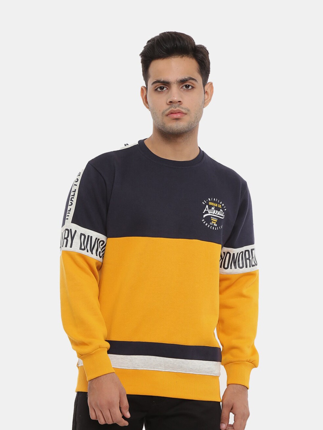 

V-Mart Men Colourblocked Fleece Sweatshirt, Mustard