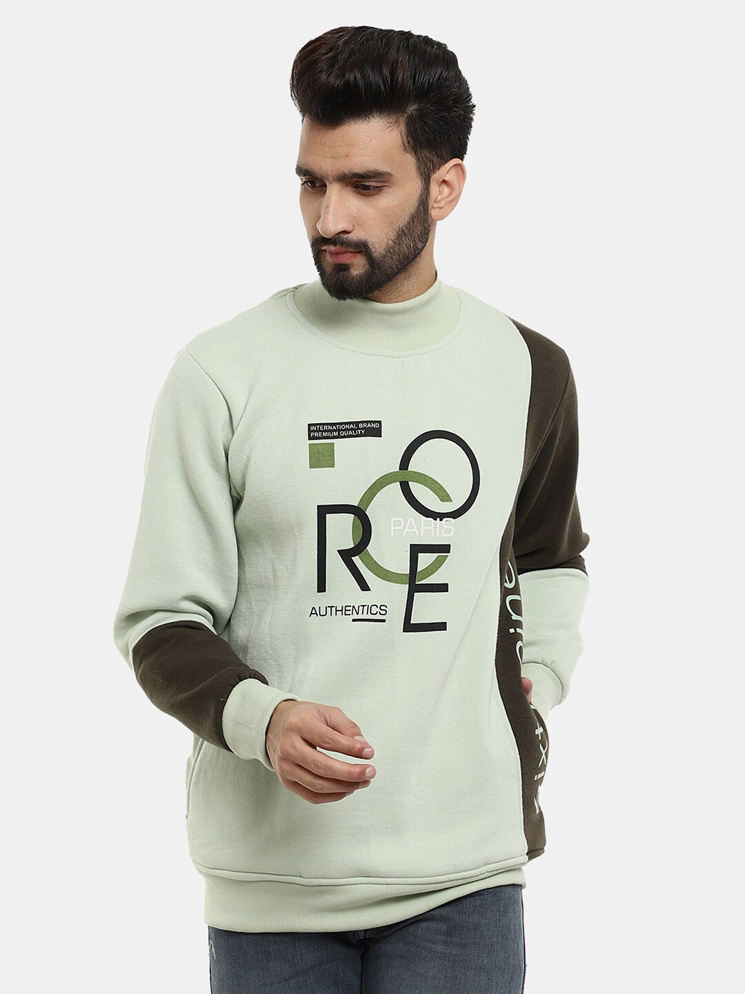 

V-Mart Men Printed Fleece Hooded Sweatshirt, Sea green