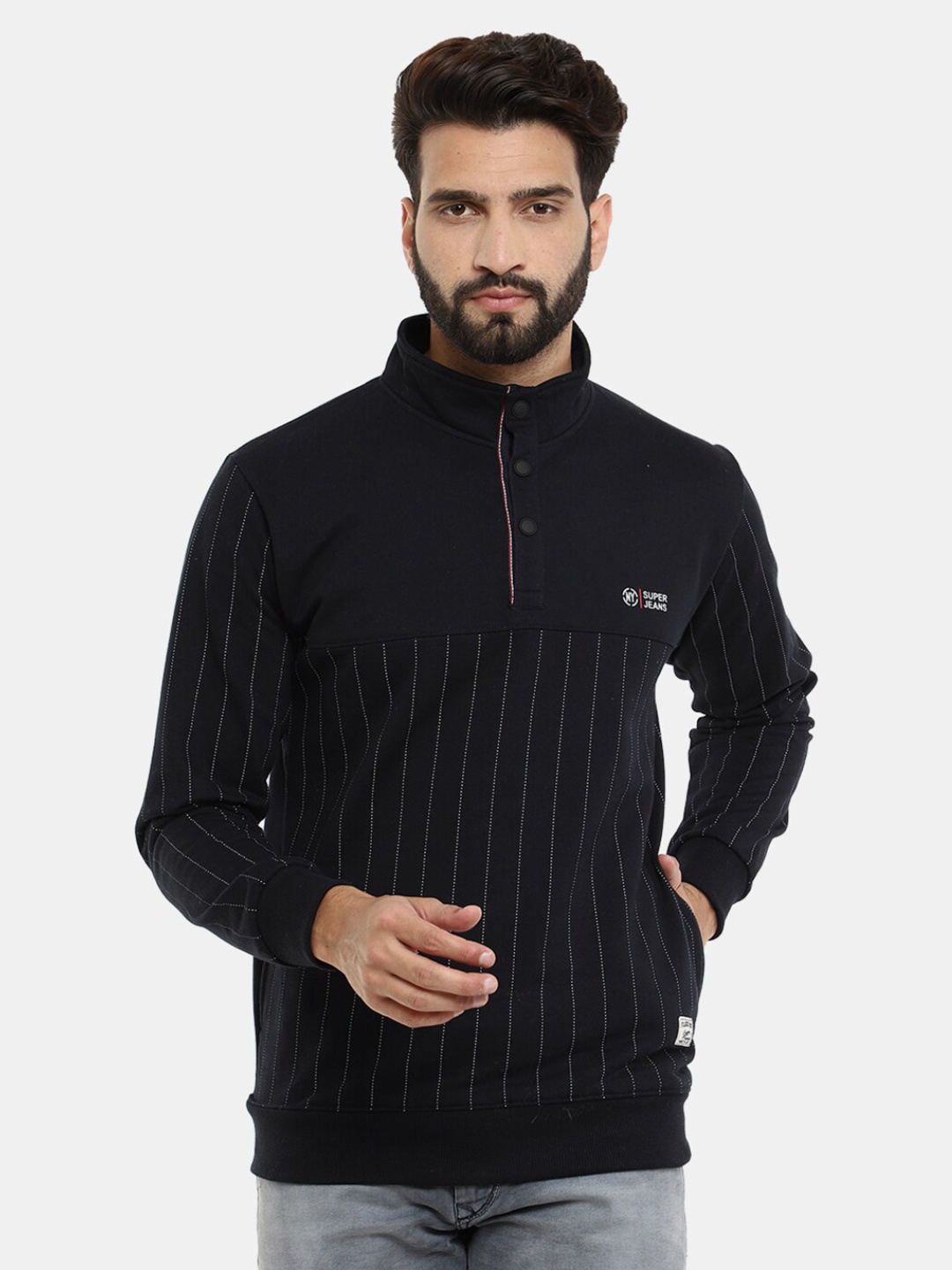 

V-Mart Men Striped Fleece Sweatshirt, Navy blue