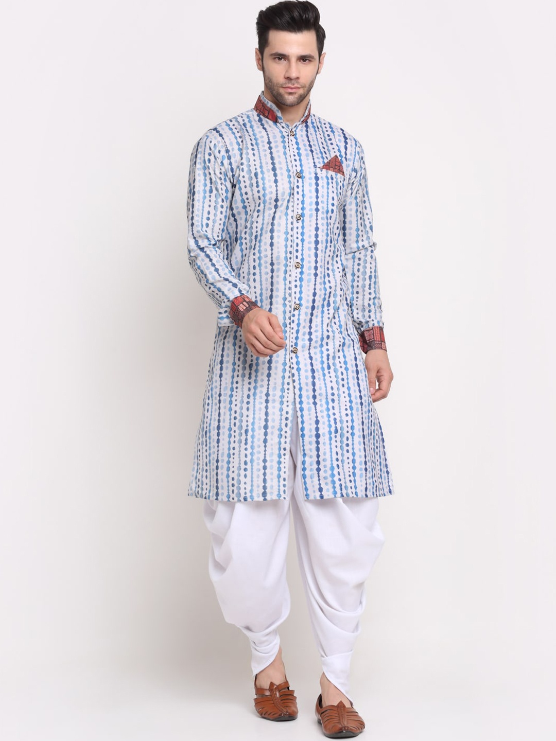 

Benstoke Men Printed Cotton Kurta with Dhoti Pants, White