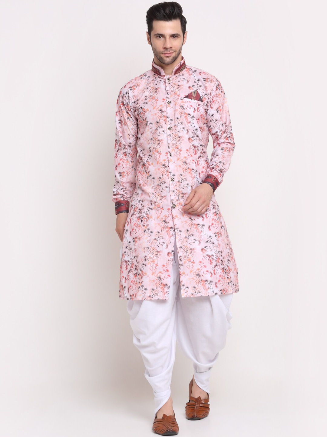 

Benstoke Men Floral Printed Cotton Kurta with Dhoti Pants, Pink