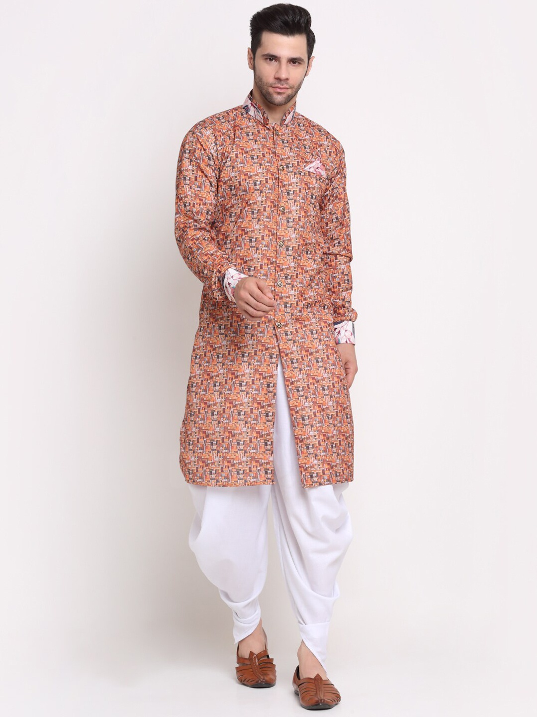 

Benstoke Men Printed Cotton Kurta with Dhoti Pants, Orange