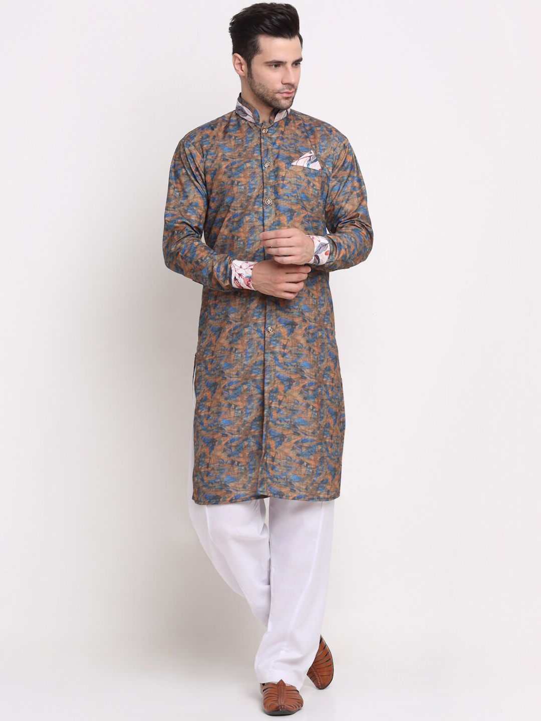 

Benstoke Men Printed Mandarin Collar Kurta with Salwar, Blue