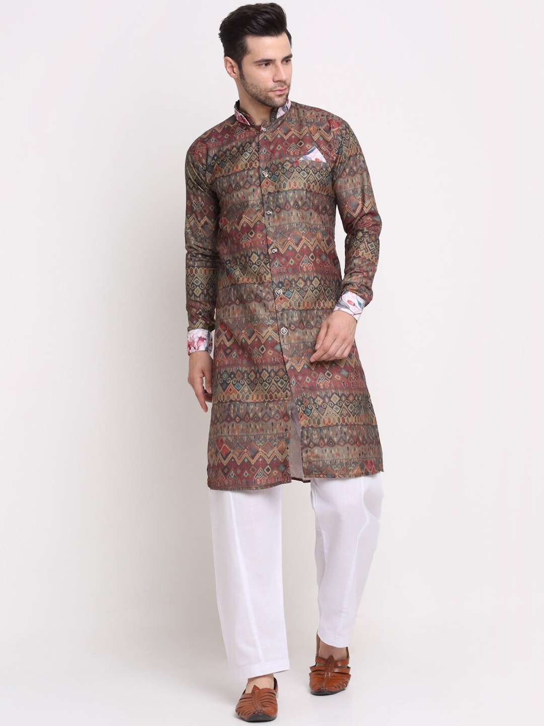 

Benstoke Men Printed Mandarin Collar Kurta with Salwar, Brown