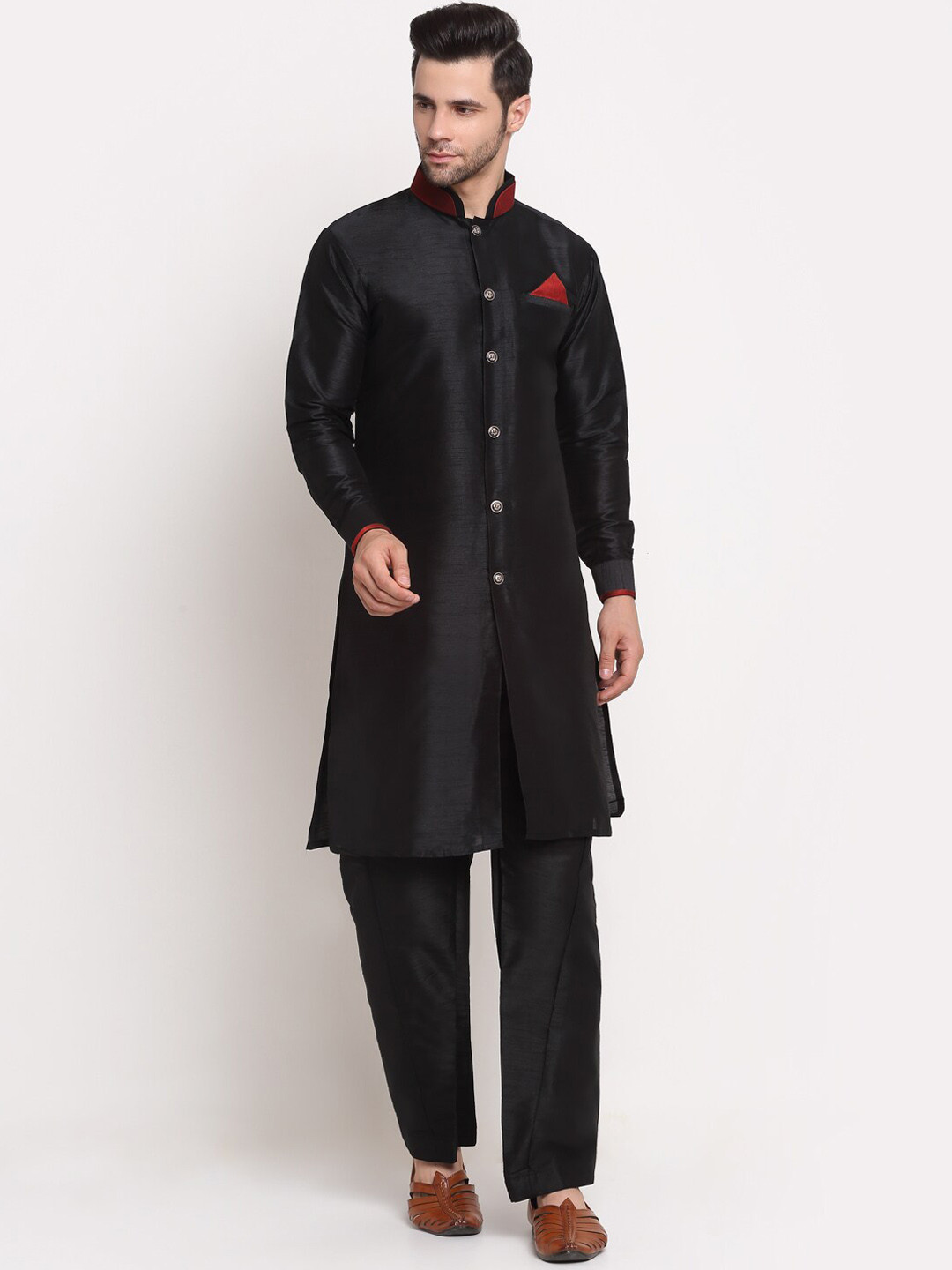 

Benstoke Men Mandarin Collar Kurta with Pyjamas, Black