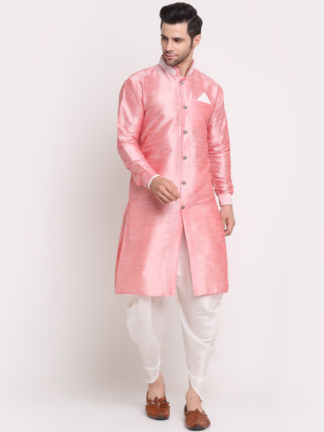 

Benstoke Men Mandarin Collar Kurta with Dhoti Pants, Pink