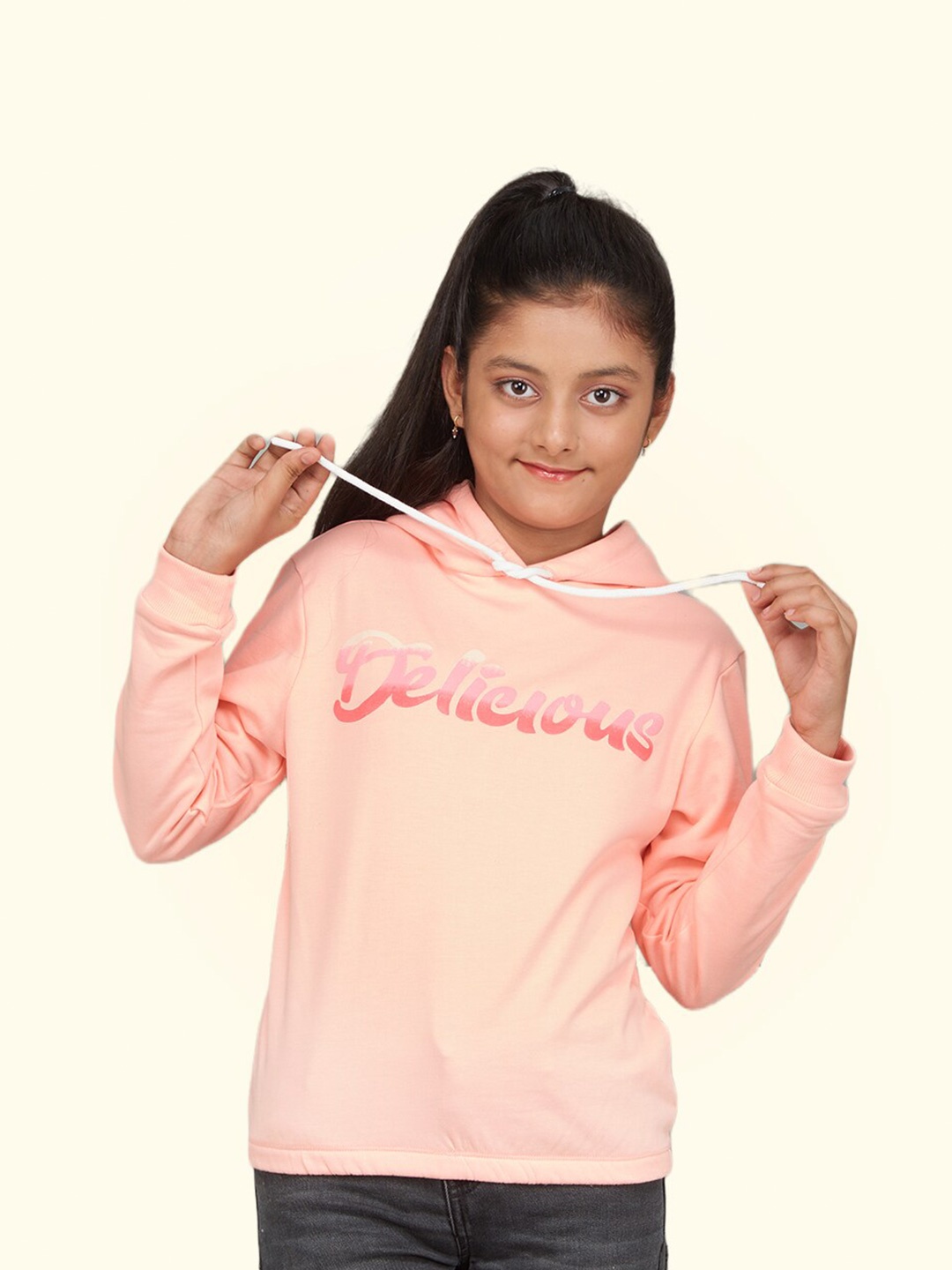 

Zalio Girls Printed Hooded Fleece Sweatshirt, Peach