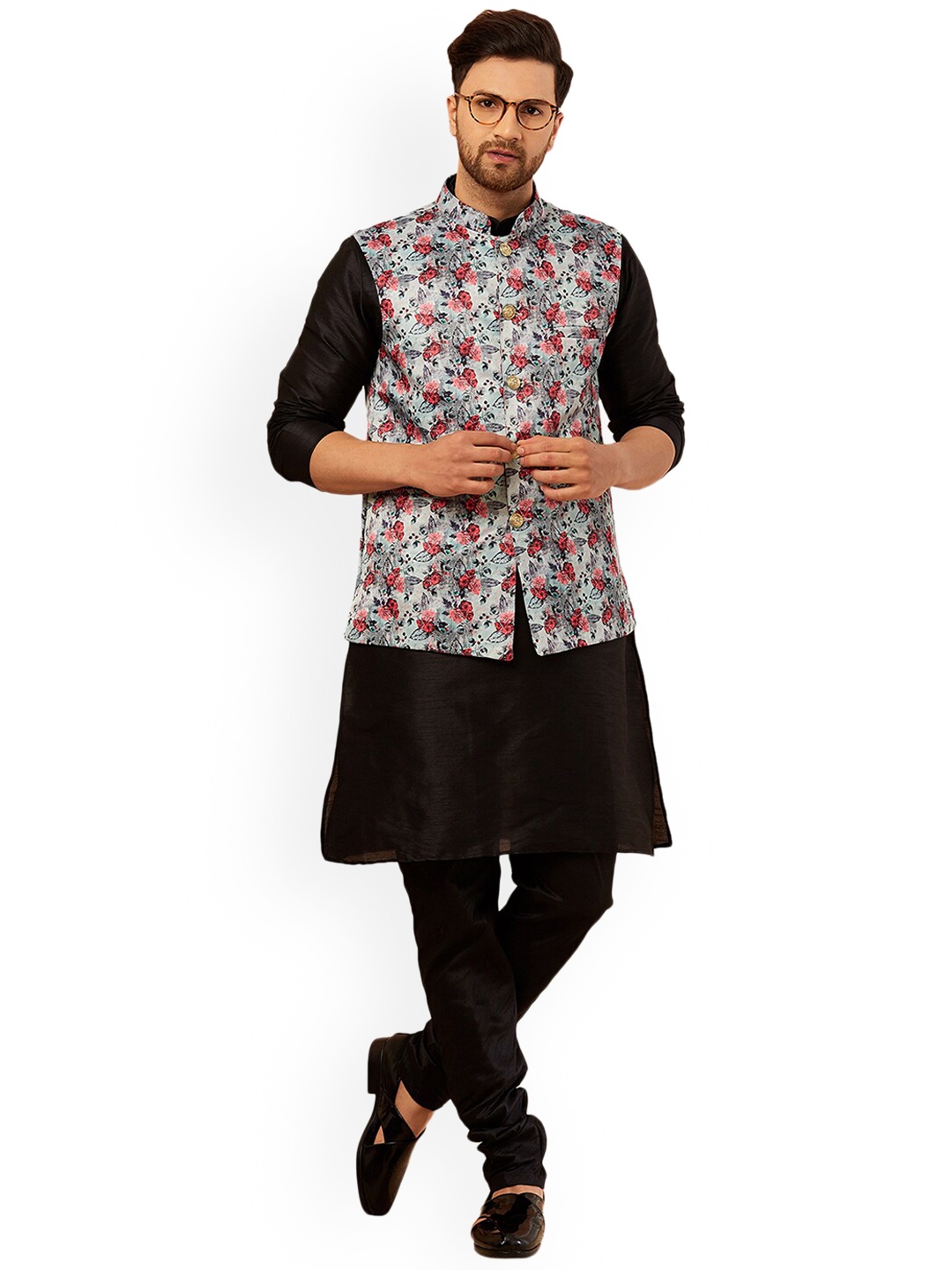 

Armaan Ethnic Men Floral Dupion Silk Kurta with Churidar, Black