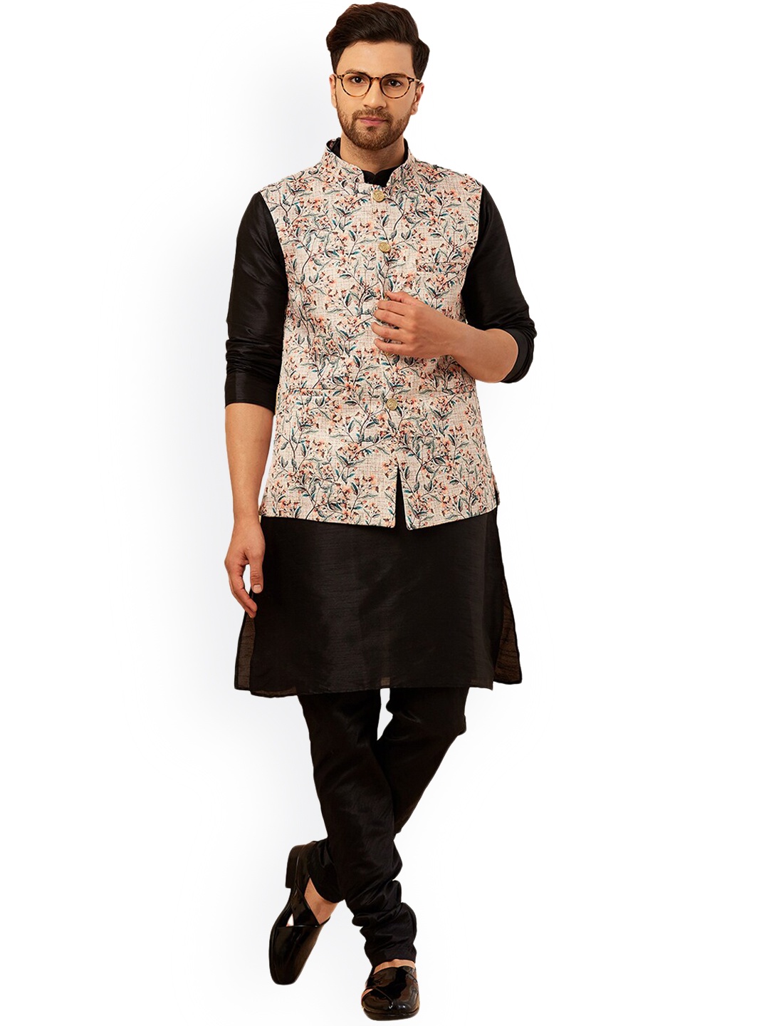 

Armaan Ethnic Men Floral Dupion Silk Kurta with Churidar, Black
