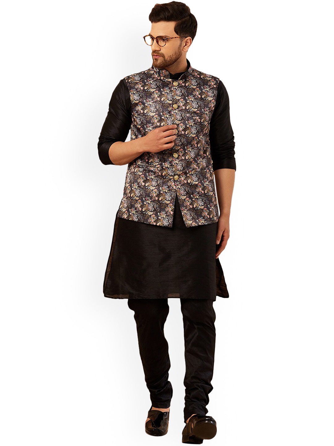 

Armaan Ethnic Men Dupion Silk Mandarin Collar Kurta with Churidar, Black