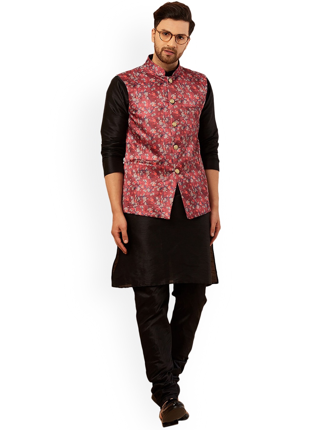 

Armaan Ethnic Men Floral Printed Dupion Silk Mandarin Collar Kurta with Churidar, Red