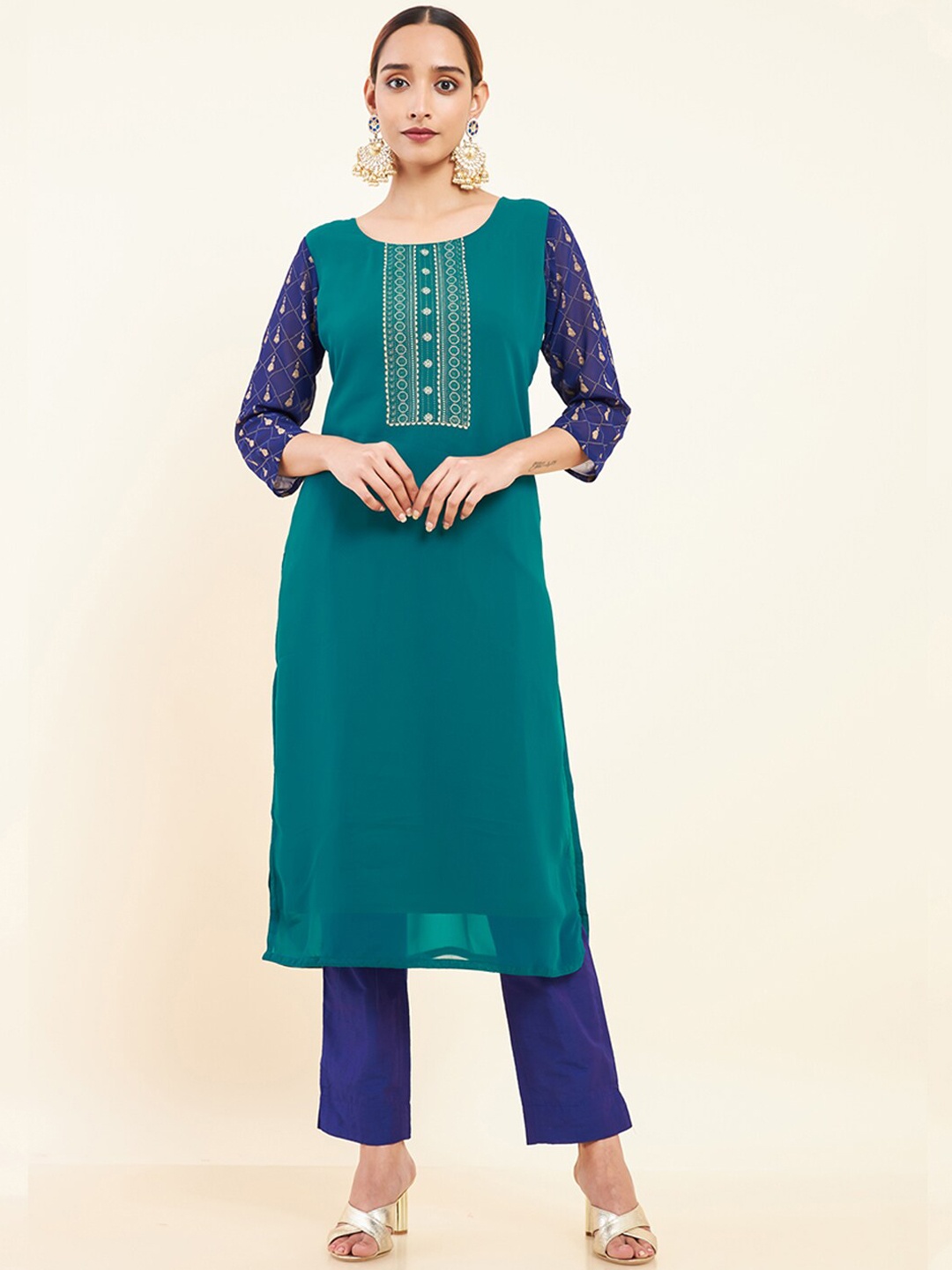 

Maybell Women Geometric Printed Georgette Kurta, Green