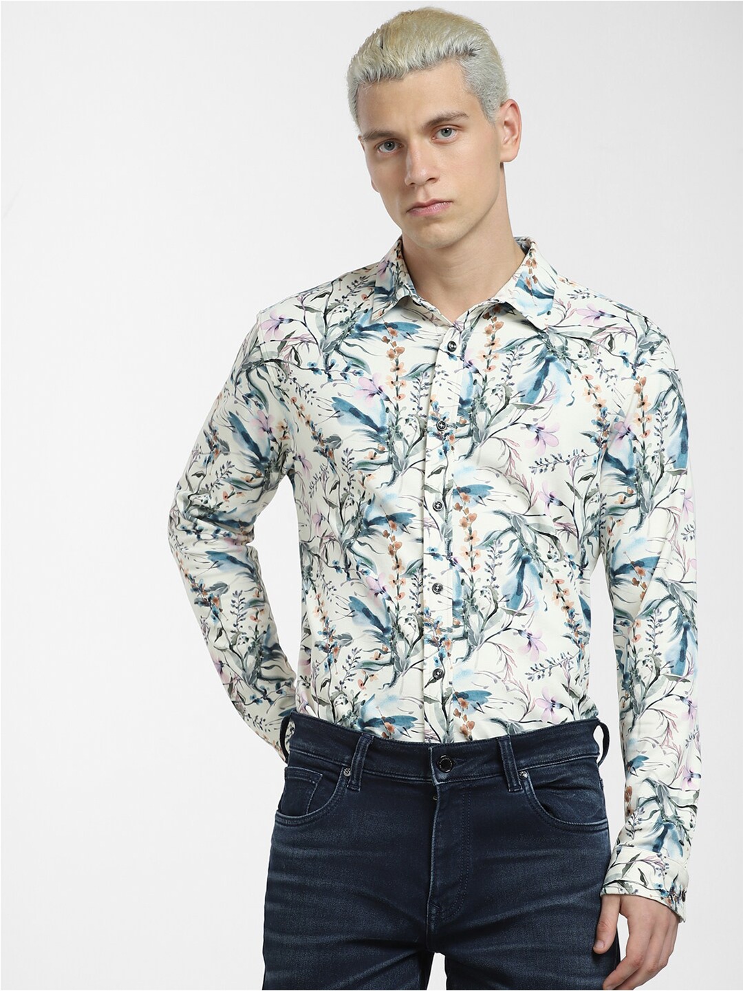 

Jack & Jones Men Slim Fit Floral Printed Casual Cotton Shirt, White