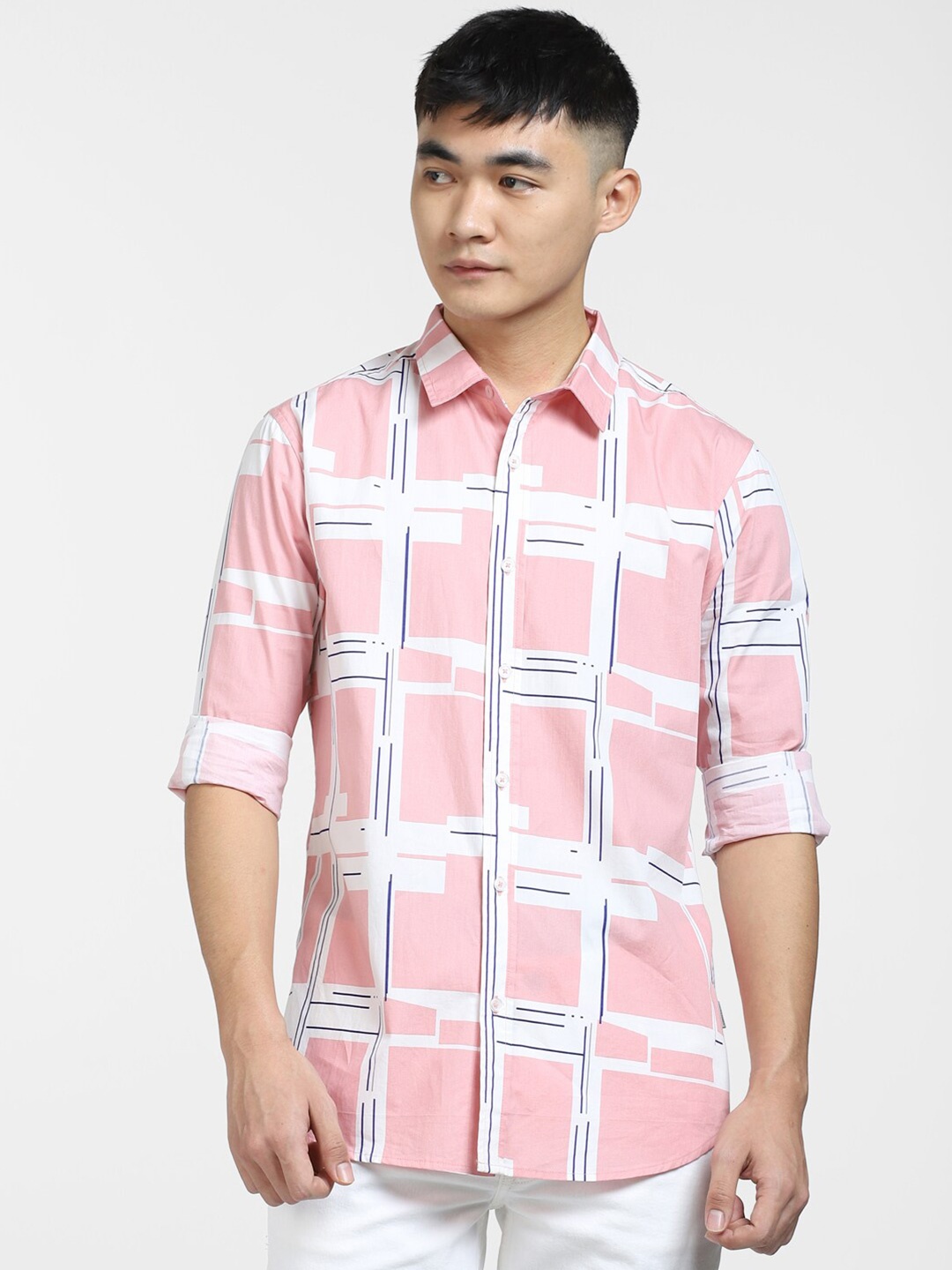 

Jack & Jones Men Windowpane Checked Casual Cotton Shirt, Pink