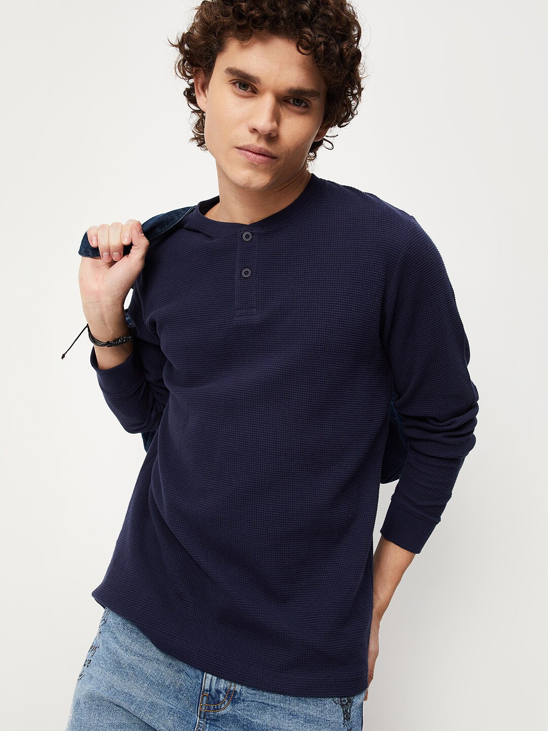 

max Men Henley Neck Cotton T-shirt, Navy blue