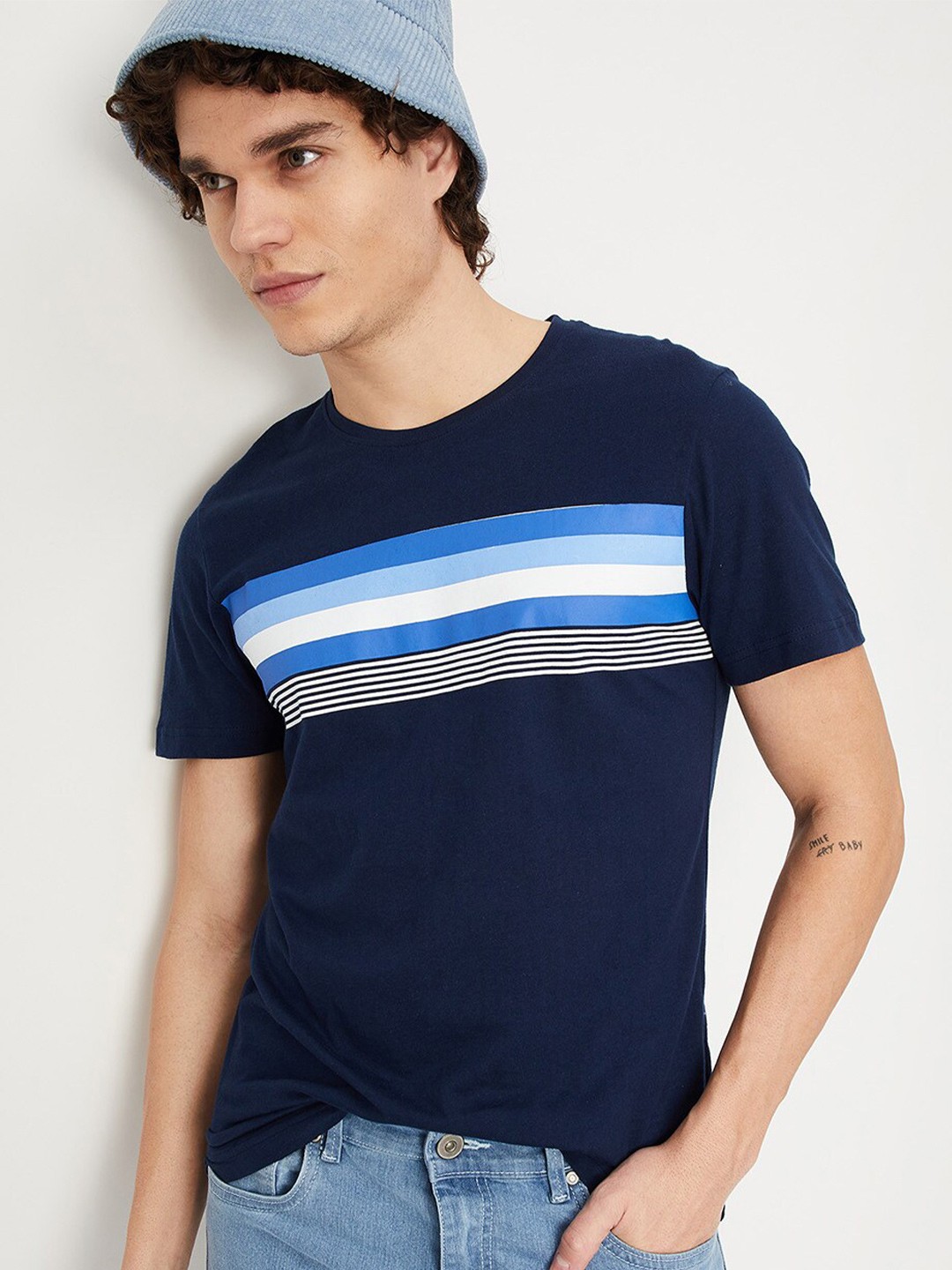 

max Men Printed Pure Cotton T-shirt, Blue