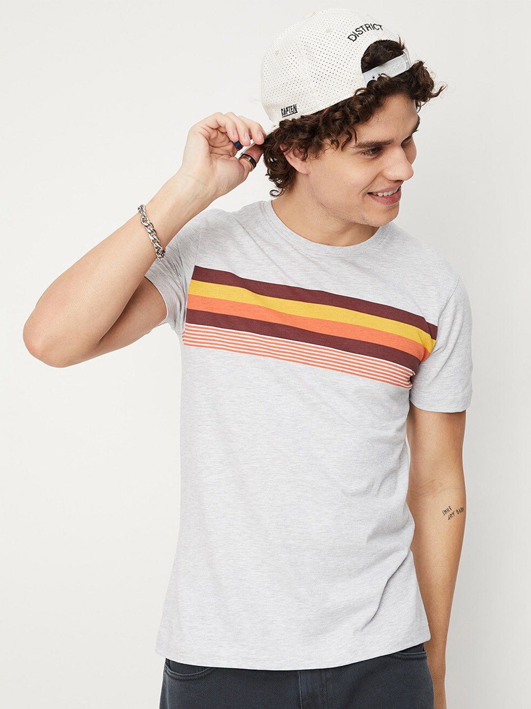 

max Men Striped Pure Cotton T-shirt, Off white