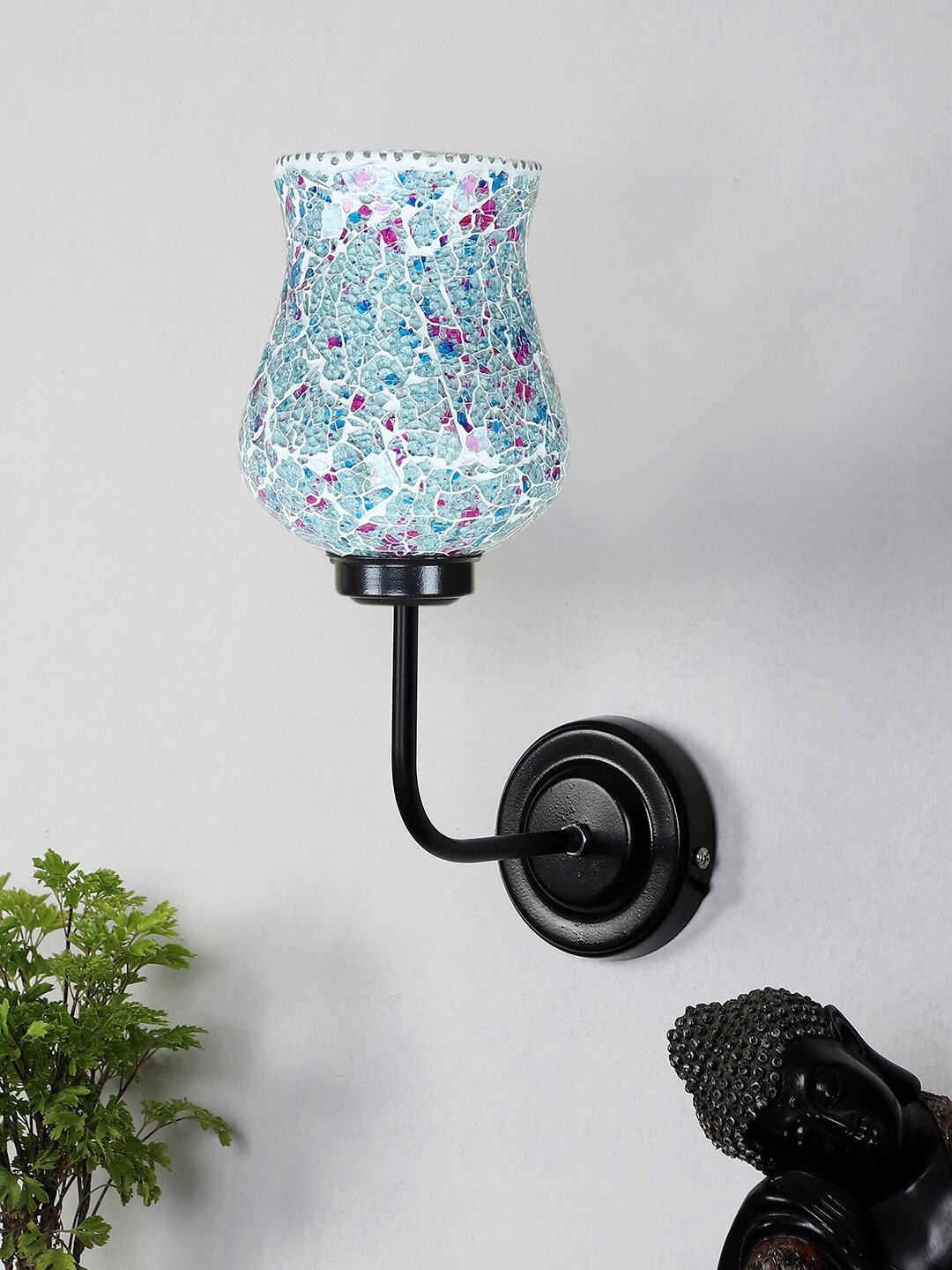 

Devansh Blue & Pink Mosaic Textured Glass Wall Lamp with Iron Base, Black