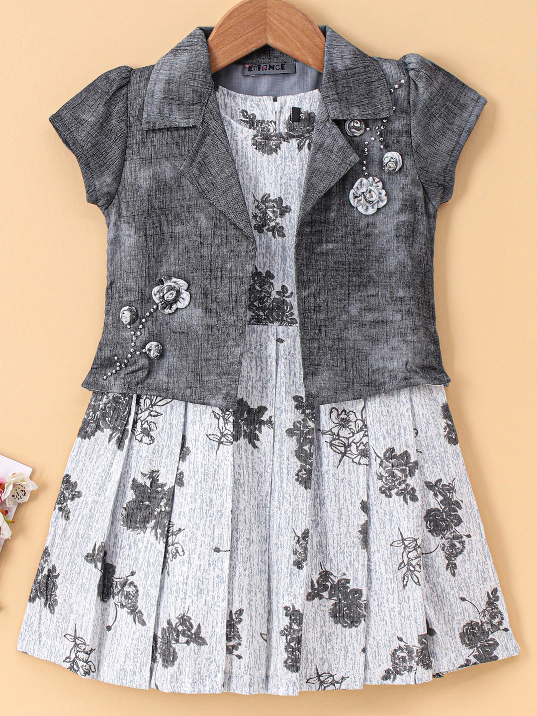 

Enfance Floral Printed Fit & Flare Dress With Jacket, Grey