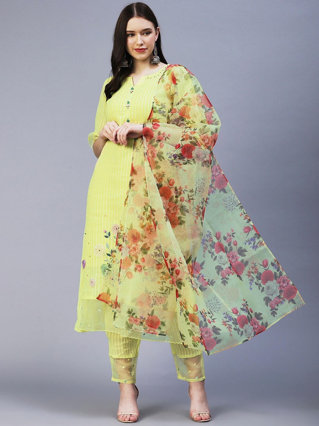 

FASHOR Women Pure Cotton Striped Kurta with Trousers & With Dupatta, Yellow