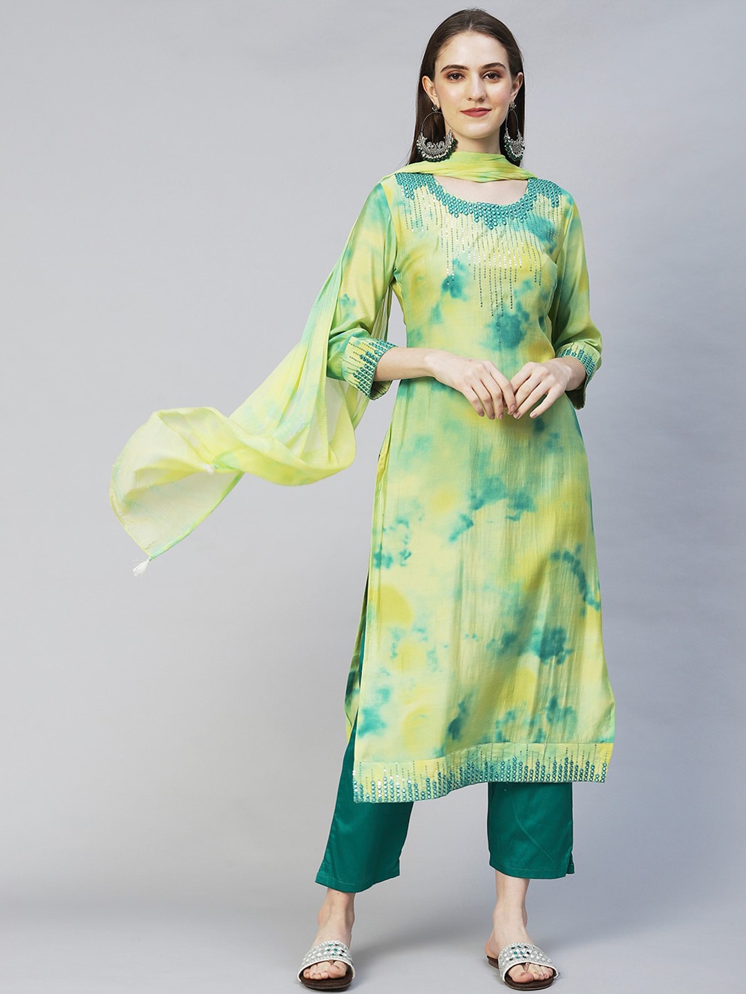 

FASHOR Women Printed Kurta with Trousers & With Dupatta, Lime green