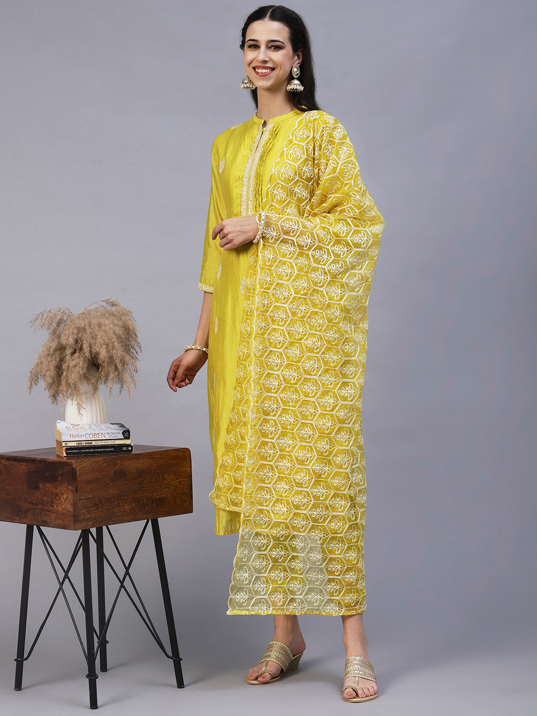 

FASHOR Women Yellow Ethnic Motifs Embroidered Thread Work Kurta with Trousers & With Dupatta
