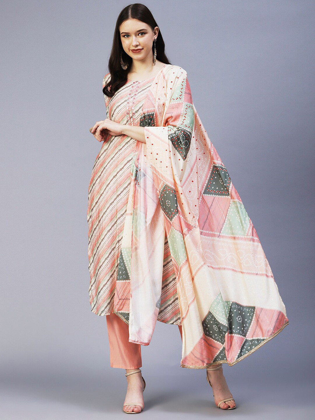 

FASHOR Women Striped Beads and Stones Kurta With Trousers & Dupatta, Peach