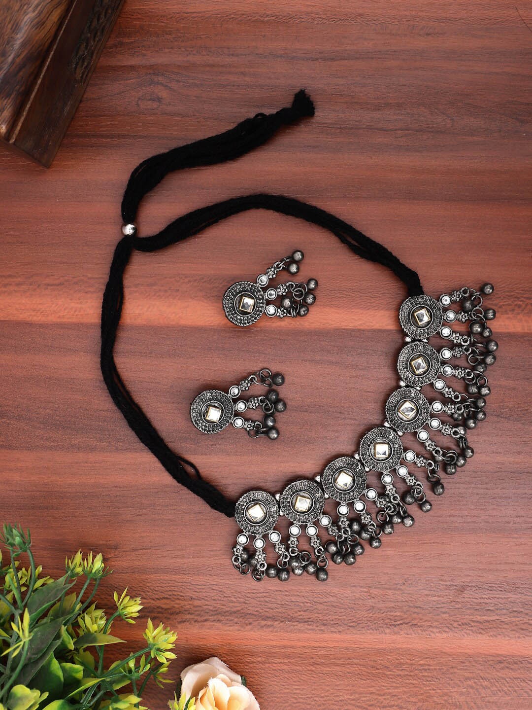 

YouBella Silver Plated Oxidised Stone-Studded & Beaded Jewellery Set