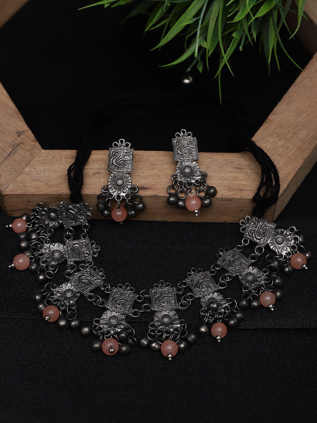 

YouBella Oxidised Silver-Plated Stone-Studded & Beaded Jewellery Set