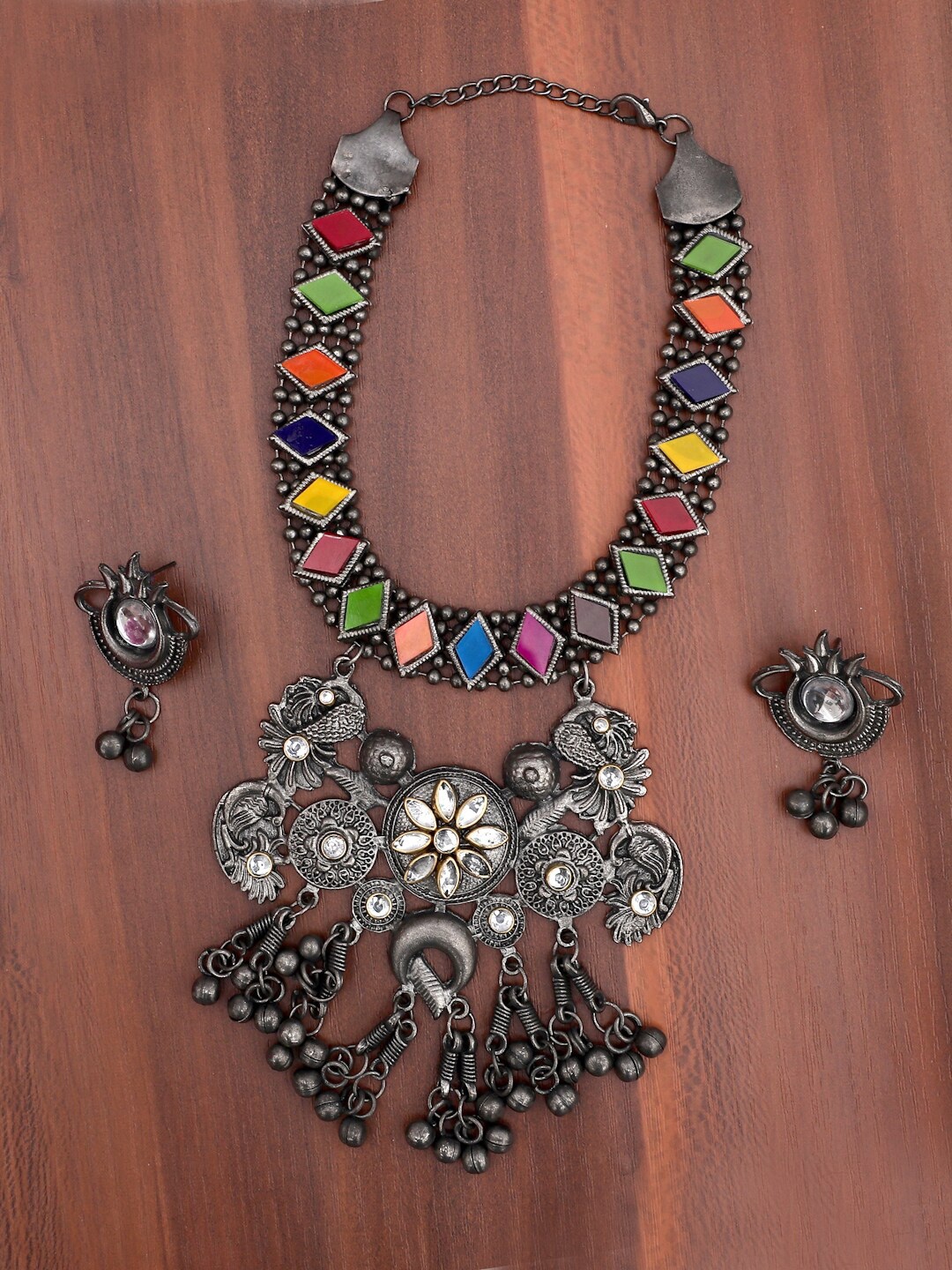 

YouBella Silver Plated Oxidised Stone-Studded Jewellery Set