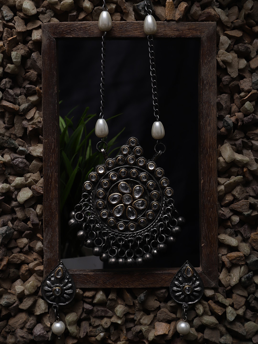 

YouBella Oxidised Stone Studded & Beaded Jewellery Set, Silver